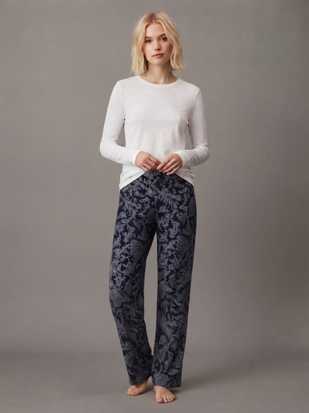 2/$30 Lands' End Ikat Botanical Print Trouser Black White 1X #A4779